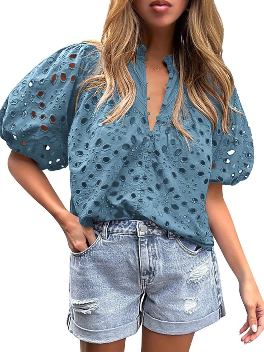 Womens Tops Boho Eyelet Puff Sleeve Blouse